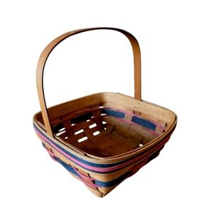 Workshop Wooden Hand Woven Berry Basket With Handle Red And Navy Patrotic Vtg